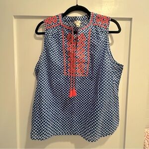 J Crew embroidered sleeveless top with tassel ties